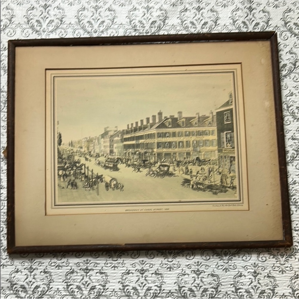 Antique Framed NY Canal Street Public Library 19c Artwork Colored Litho